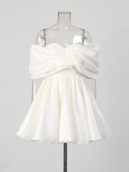 White Satin Bow Strapless Mini Dress
