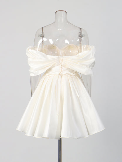White Satin Bow Strapless Mini Dress