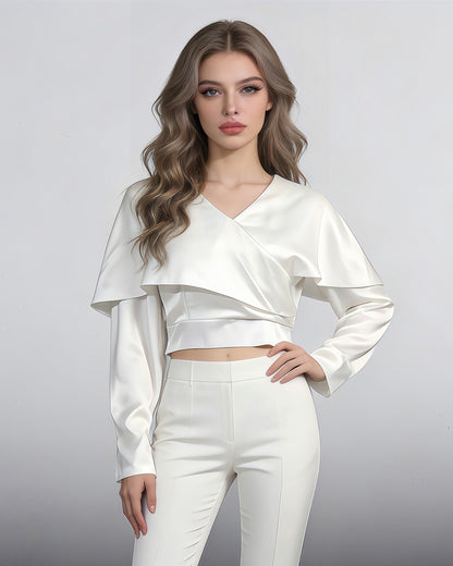White Satin Cape Sleeve Fitted Top