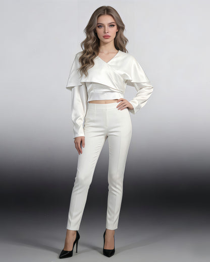 White Satin Cape Sleeve Fitted Top