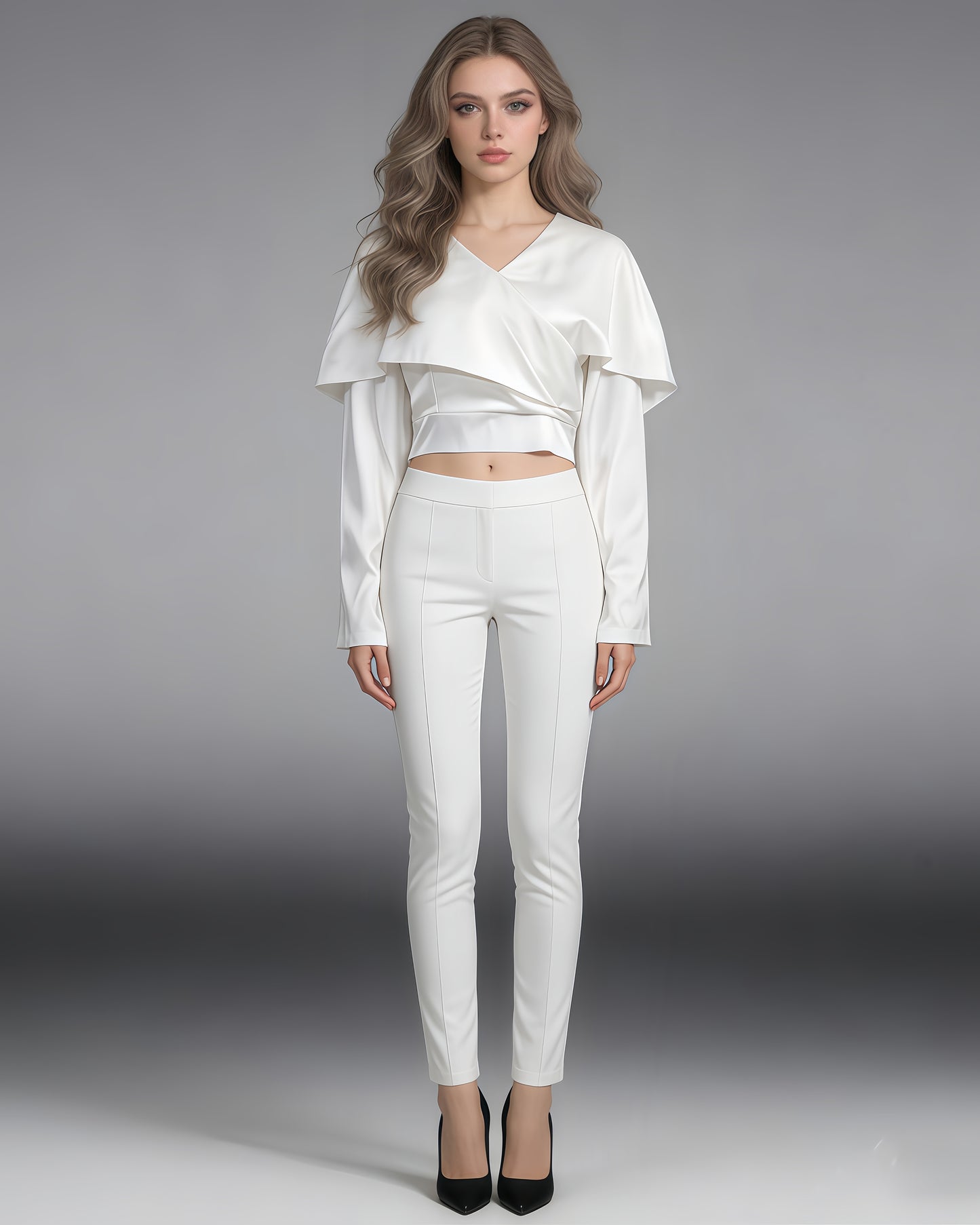 White Satin Cape Sleeve Fitted Top