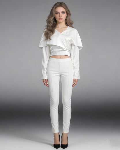 White Satin Cape Sleeve Fitted Top