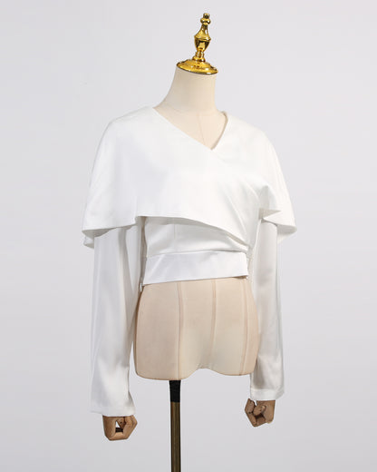 White Satin Cape Sleeve Fitted Top
