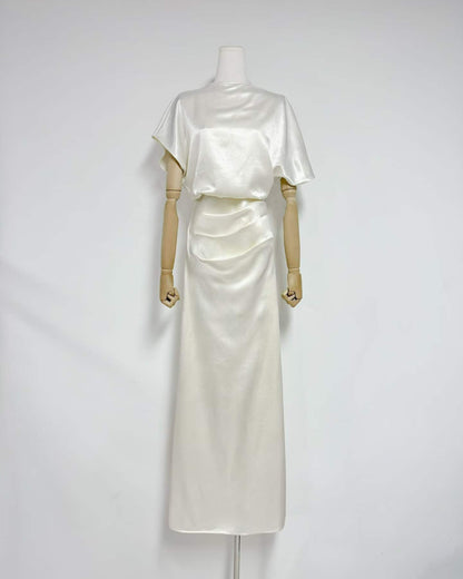 White Satin Draped Maxi Dress