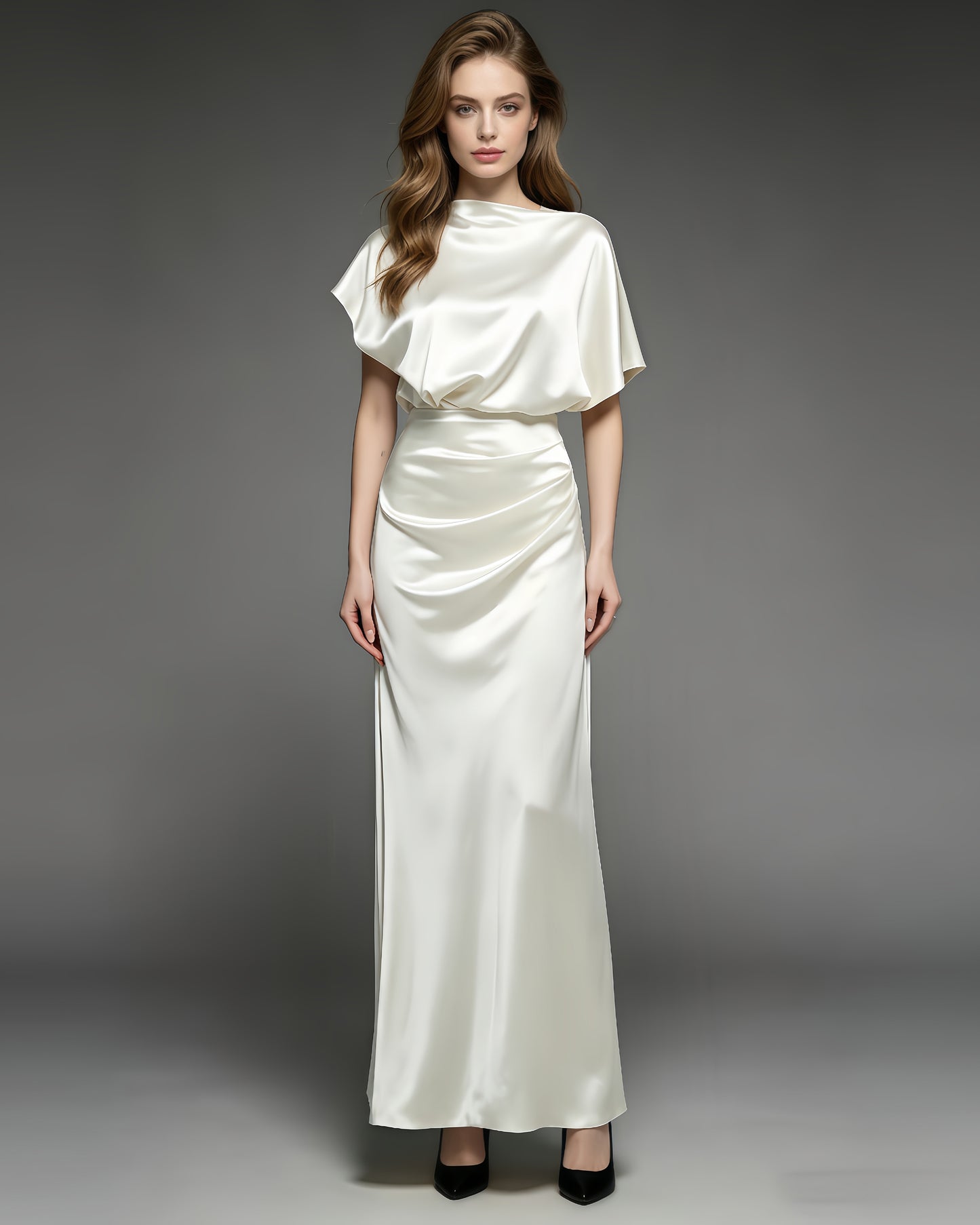 White Satin Draped Maxi Dress