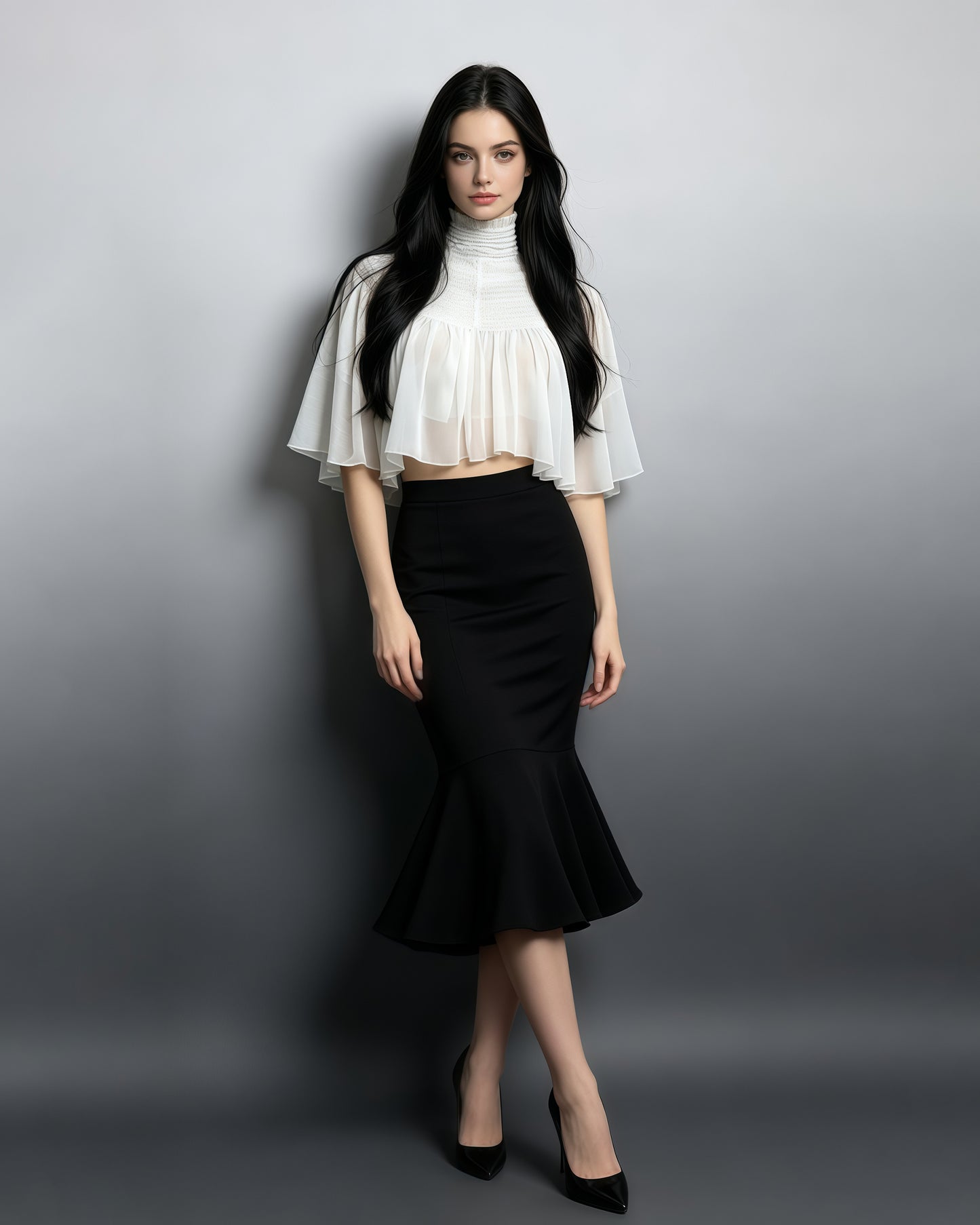 White Sheer Chiffon Mock Neck Ruffled Cape Shrug