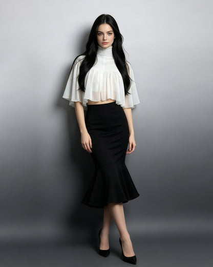 White Sheer Chiffon Mock Neck Ruffled Cape Shrug