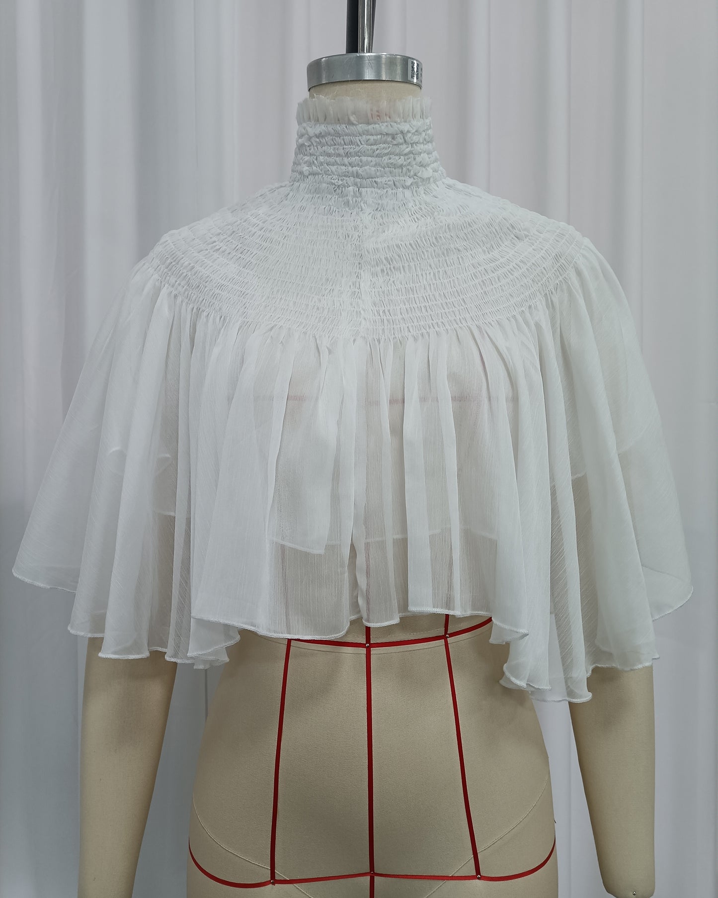 White Sheer Chiffon Mock Neck Ruffled Cape Shrug