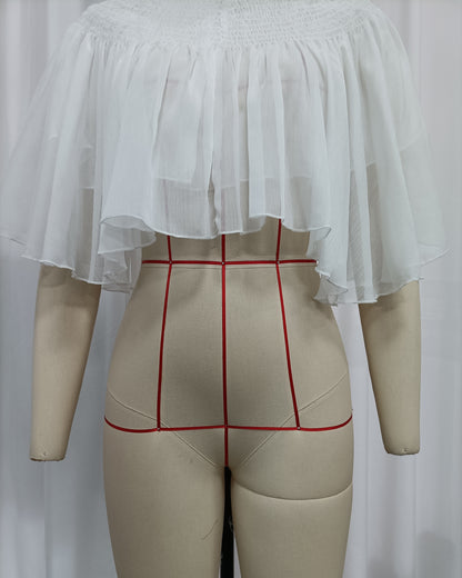 White Sheer Chiffon Mock Neck Ruffled Cape Shrug