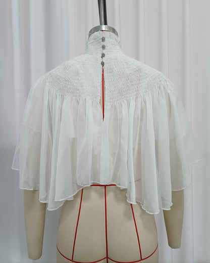 White Sheer Chiffon Mock Neck Ruffled Cape Shrug