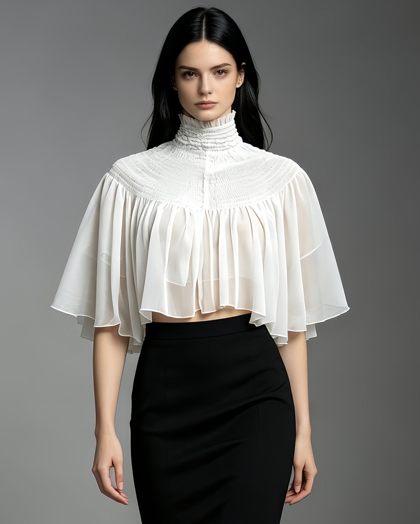 White Sheer Chiffon Mock Neck Ruffled Cape Shrug
