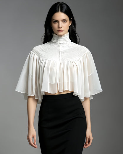 White Sheer Chiffon Mock Neck Ruffled Cape Shrug