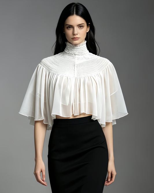 White Sheer Chiffon Mock Neck Ruffled Cape Shrug