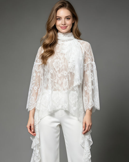White Sheer Lace High-Neck Top