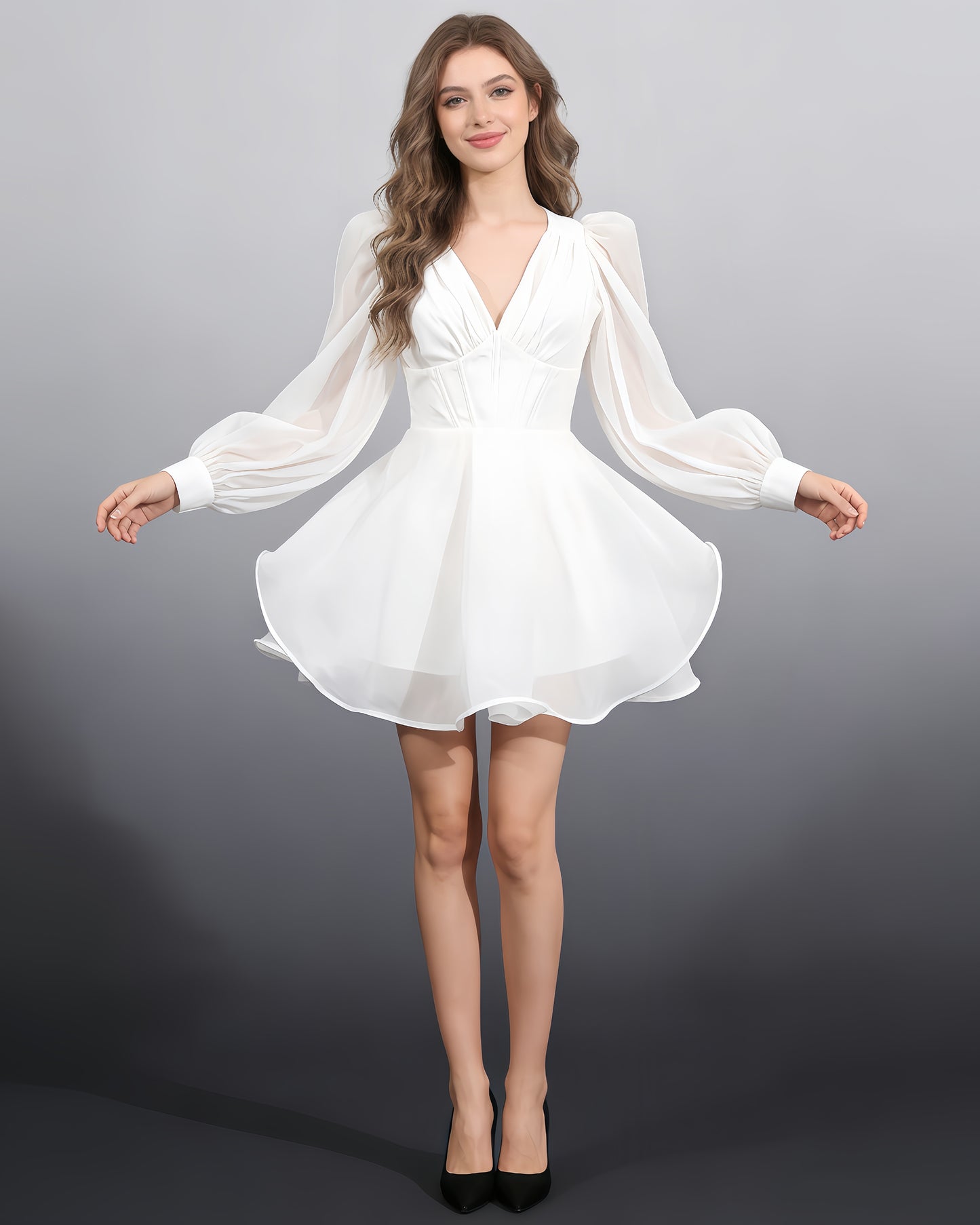 White Sheer Puff Sleeve V-Neck Mini Dress