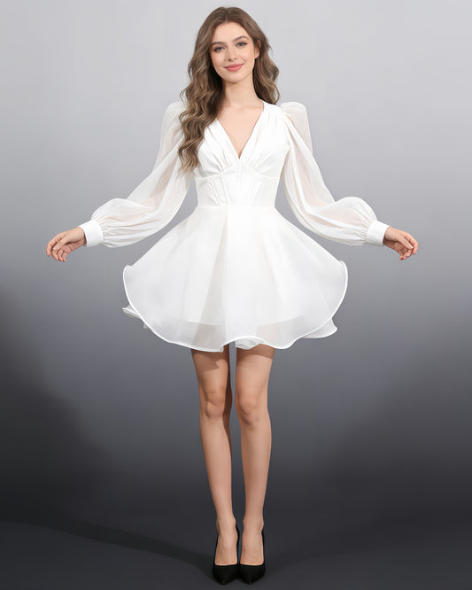 White Sheer Puff Sleeve V-Neck Mini Dress