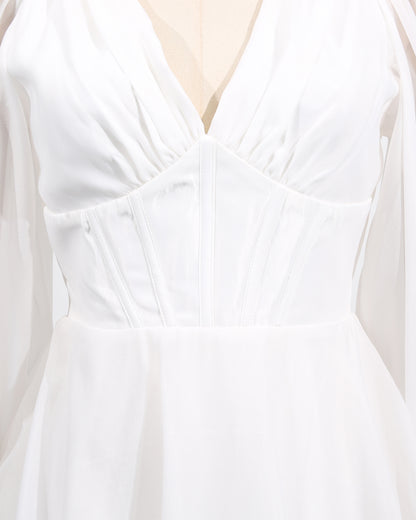 White Sheer Puff Sleeve V-Neck Mini Dress