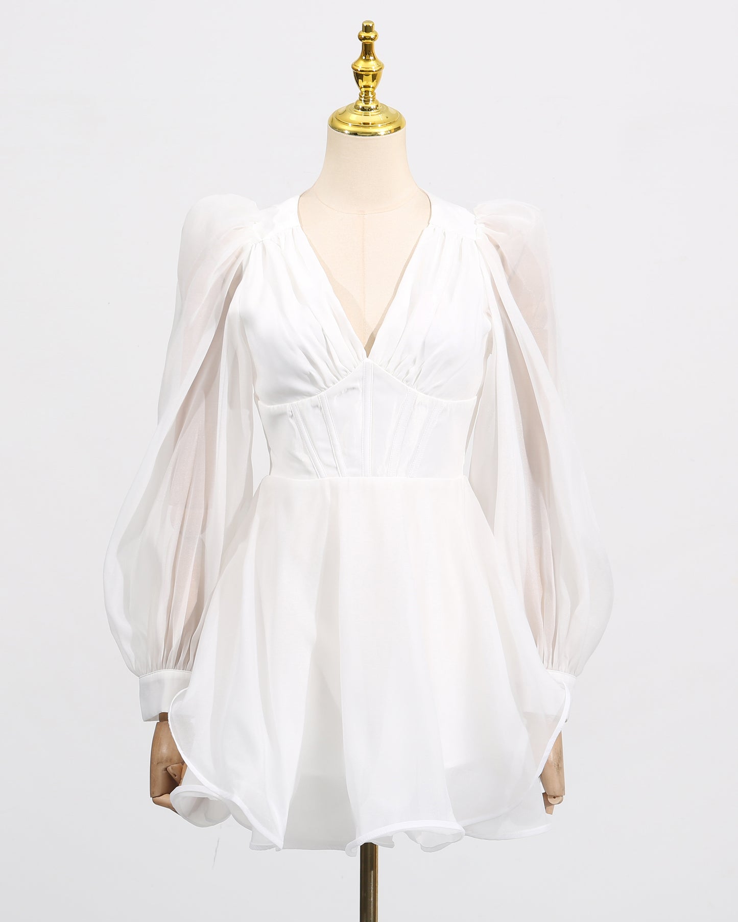 White Sheer Puff Sleeve V-Neck Mini Dress