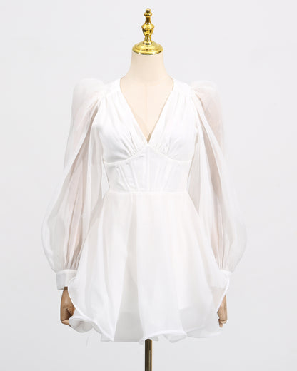 White Sheer Puff Sleeve V-Neck Mini Dress