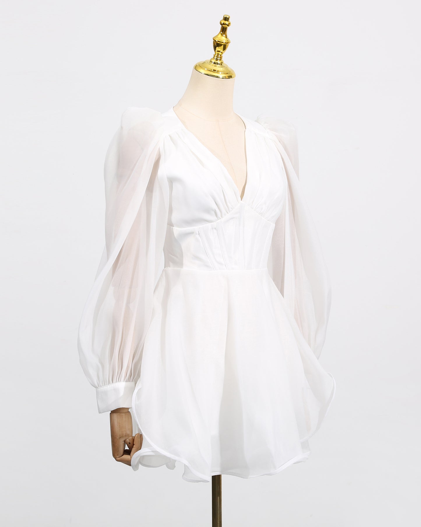 White Sheer Puff Sleeve V-Neck Mini Dress