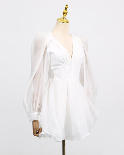 White Sheer Puff Sleeve V-Neck Mini Dress