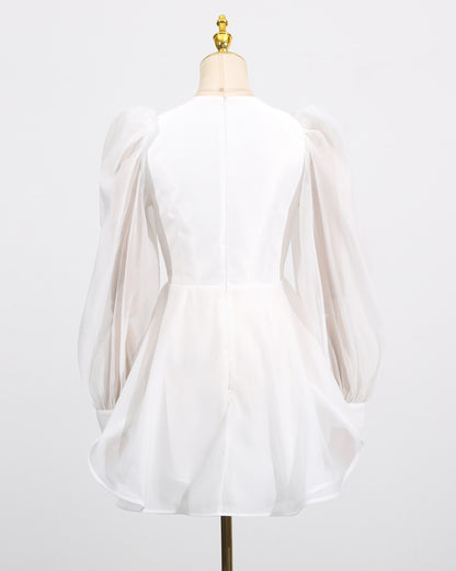 White Sheer Puff Sleeve V-Neck Mini Dress