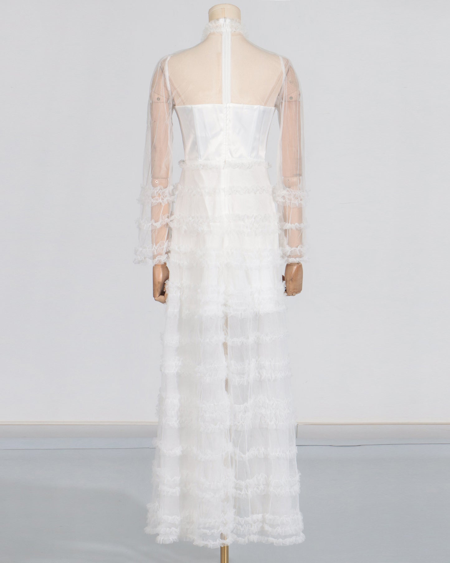 White Sheer Tulle Ruffled Maxi Dress