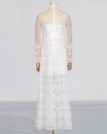 White Sheer Tulle Ruffled Maxi Dress