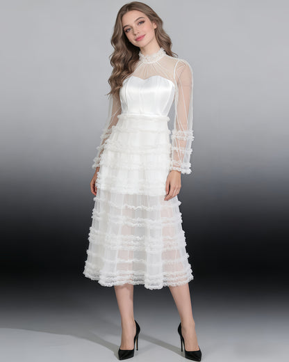 White Sheer Tulle Ruffled Maxi Dress