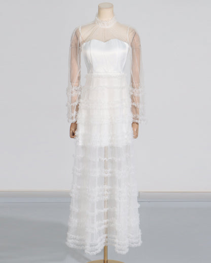 White Sheer Tulle Ruffled Maxi Dress