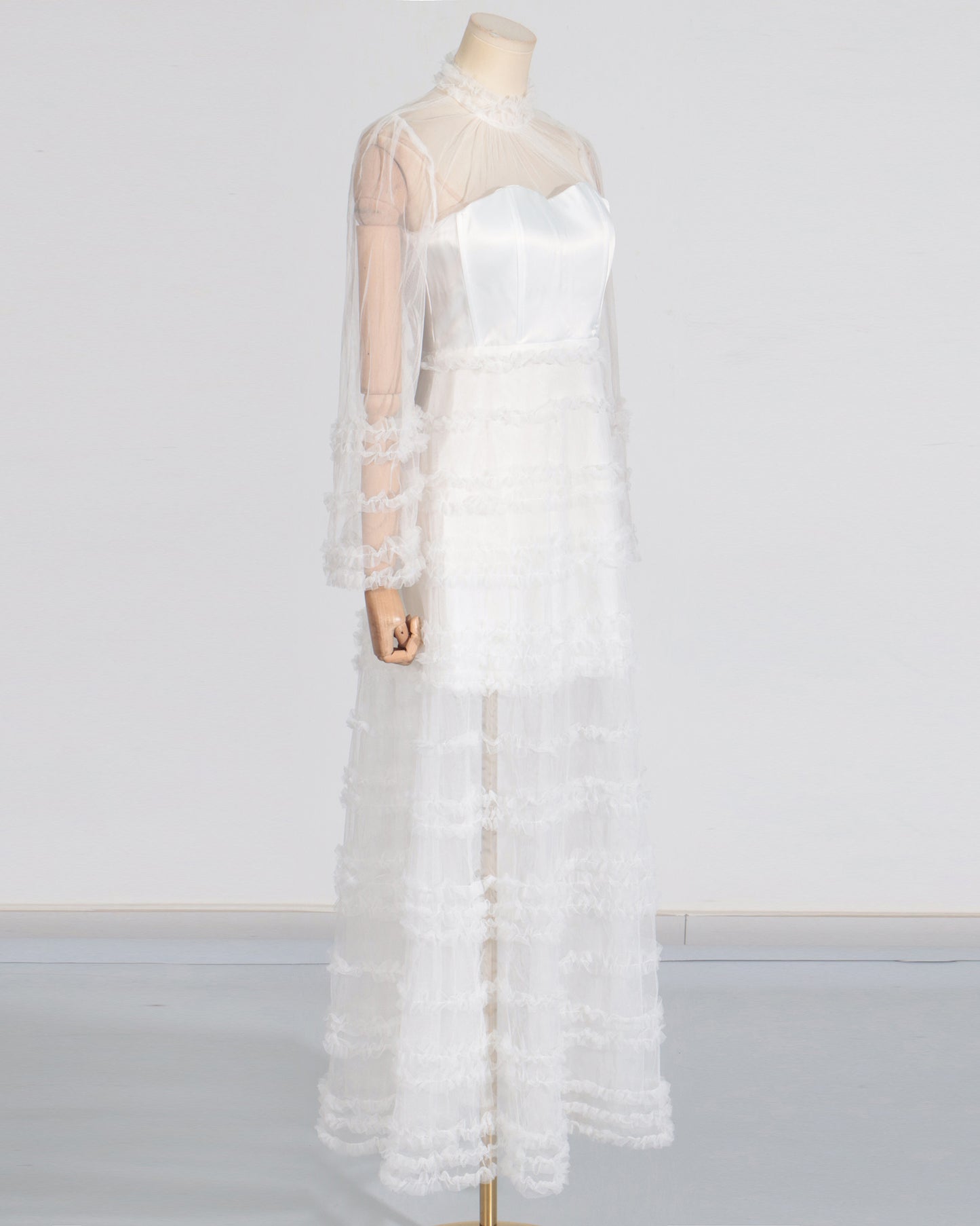 White Sheer Tulle Ruffled Maxi Dress