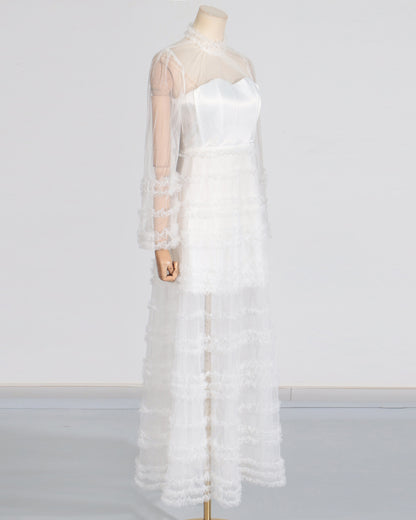 White Sheer Tulle Ruffled Maxi Dress