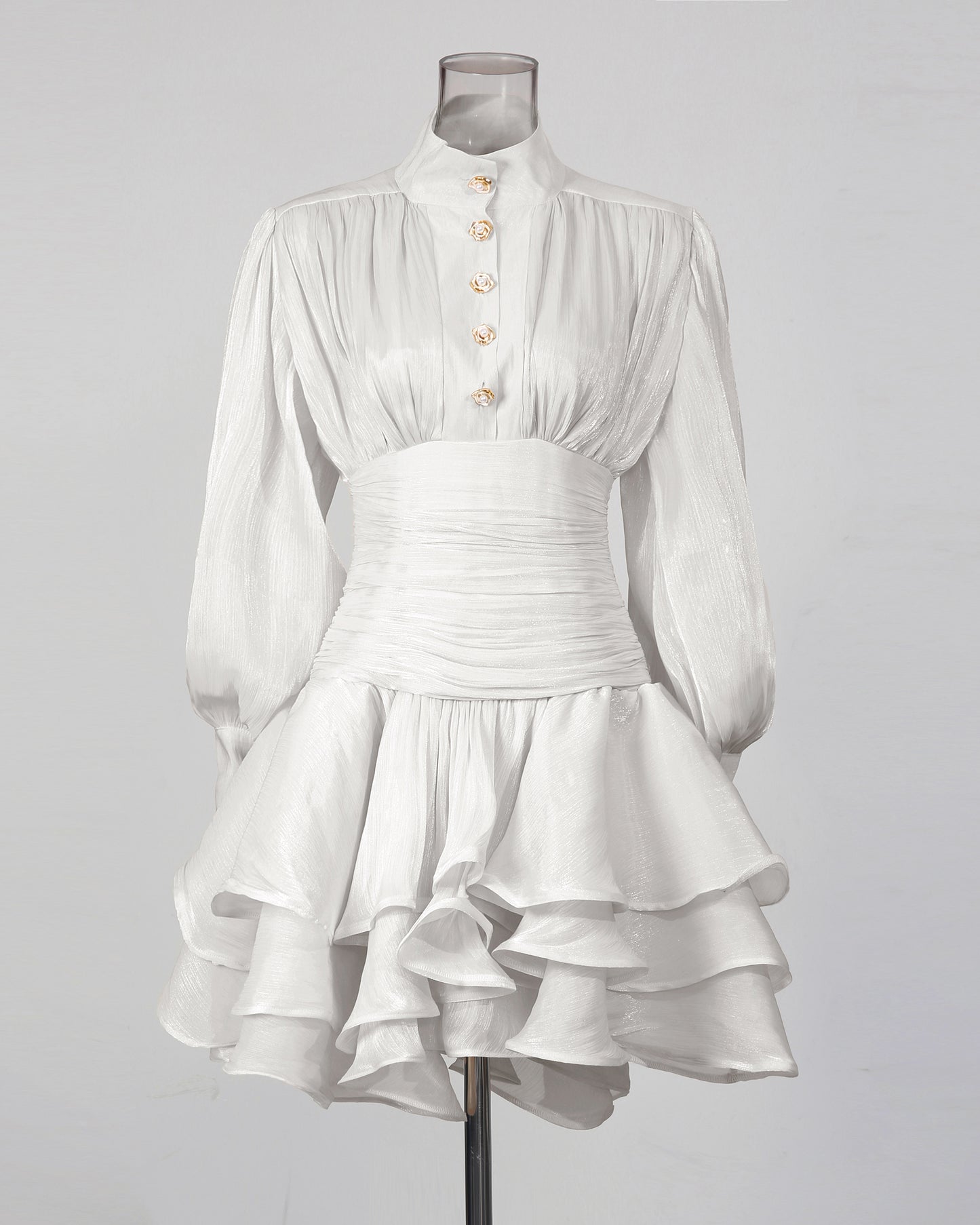 White Shimmer Puff Sleeve Ruffled Mini Dress