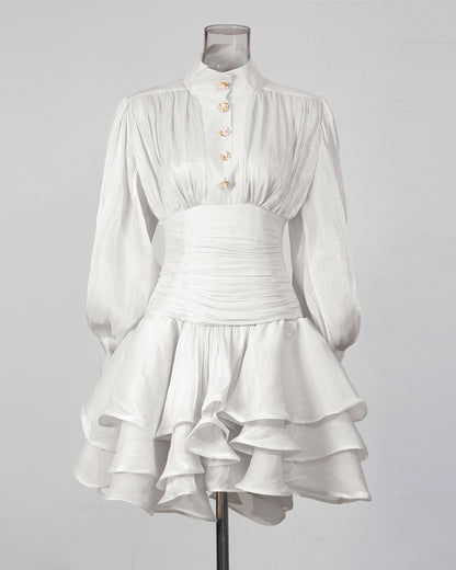 White Shimmer Puff Sleeve Ruffled Mini Dress
