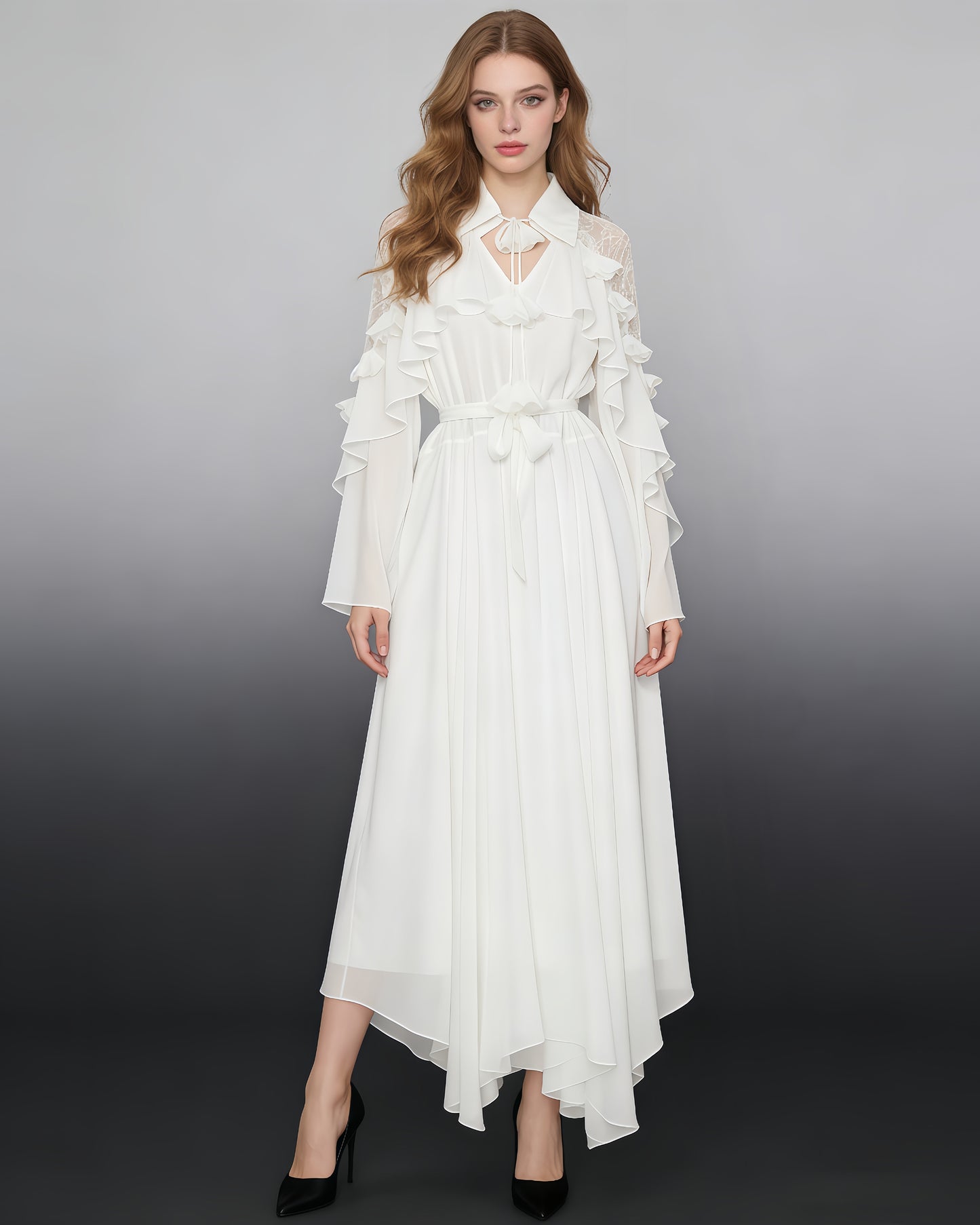 White Shirt Collar Ruffled Shiny Maxi Dress