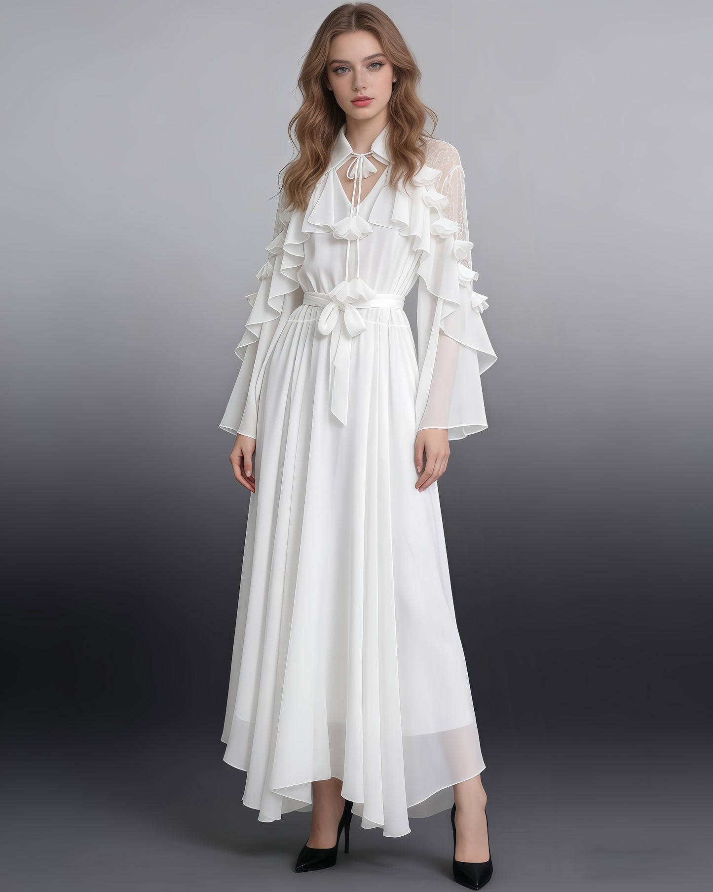 White Shirt Collar Ruffled Shiny Maxi Dress