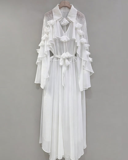 White Shirt Collar Ruffled Shiny Maxi Dress