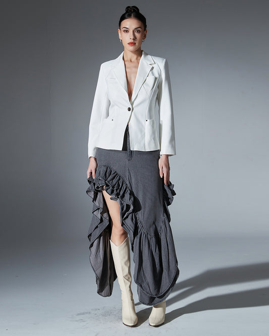 White Single-Breasted Blazer with Black Button