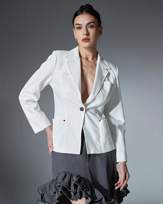 White Single-Breasted Blazer with Black Button