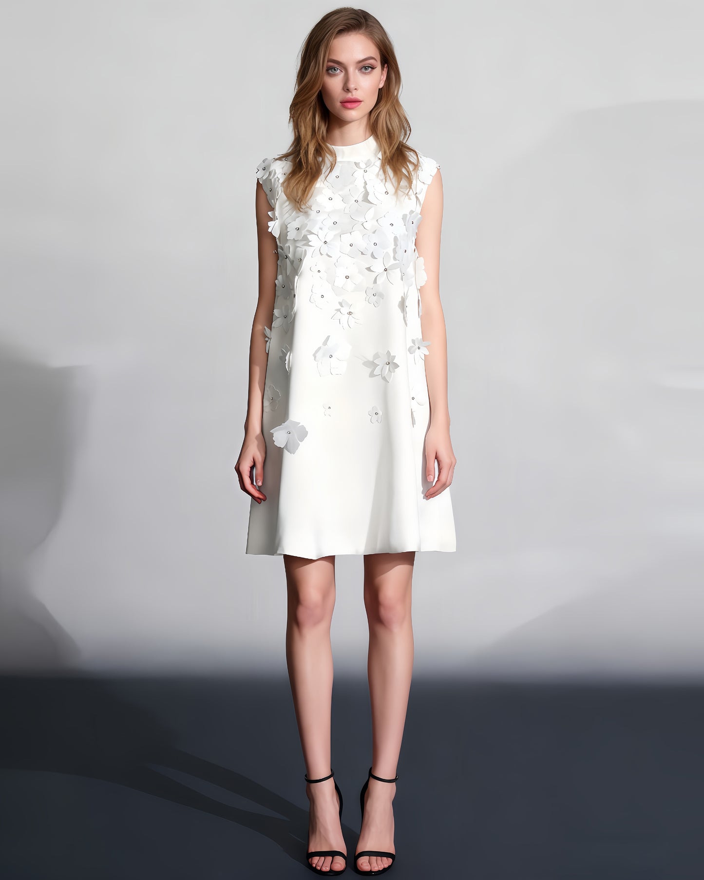 White Sleeveless Dress with 3D Floral Embellishments