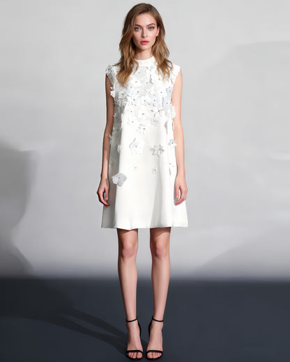 White Sleeveless Dress with 3D Floral Embellishments