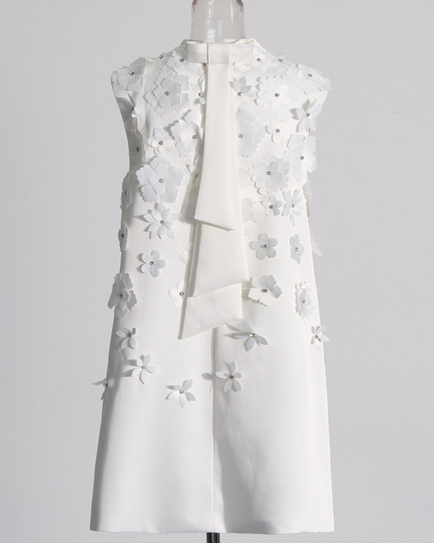 White Sleeveless Dress with 3D Floral Embellishments