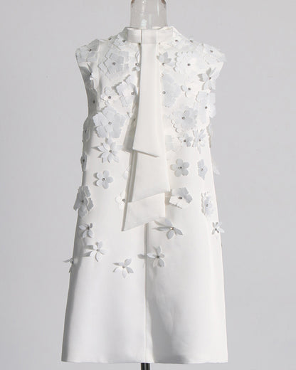 White Sleeveless Dress with 3D Floral Embellishments