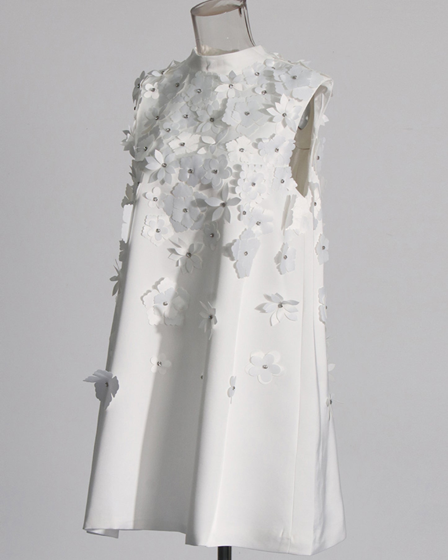 White Sleeveless Dress with 3D Floral Embellishments