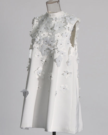 White Sleeveless Dress with 3D Floral Embellishments