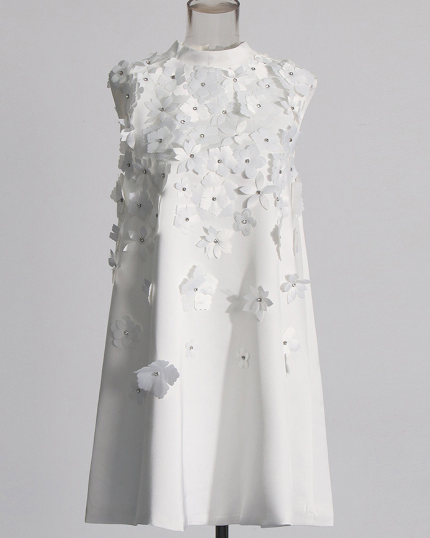 White Sleeveless Dress with 3D Floral Embellishments