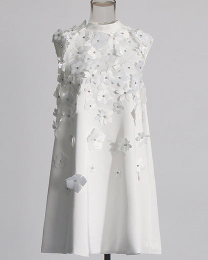 White Sleeveless Dress with 3D Floral Embellishments