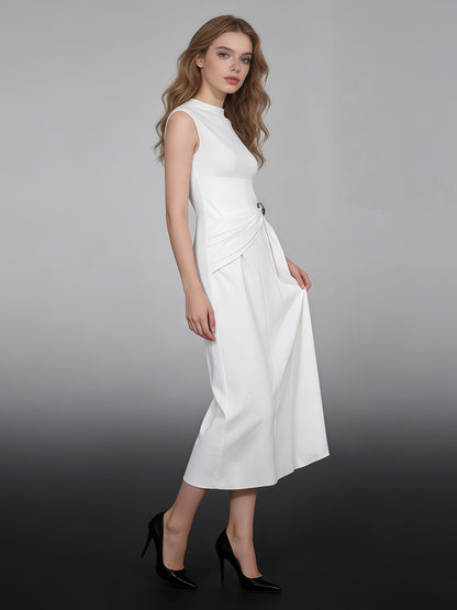 Beige Sleeveless Midi Dress with Metal-Accent Drape