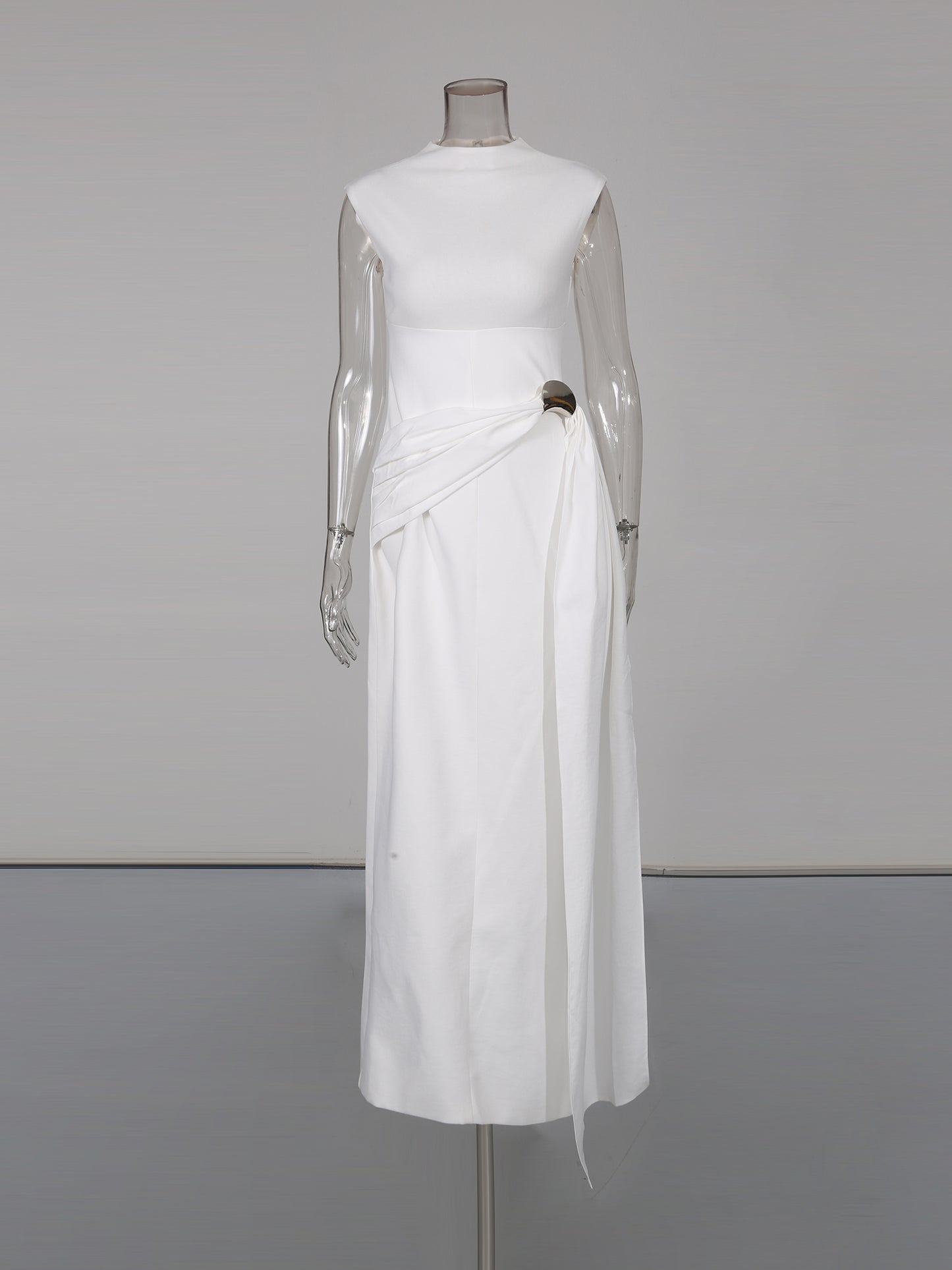 Beige Sleeveless Midi Dress with Metal-Accent Drape