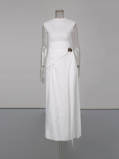 Beige Sleeveless Midi Dress with Metal-Accent Drape